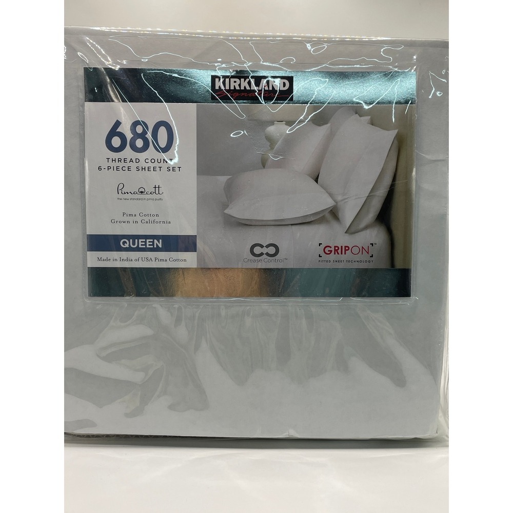 Kirkland Signature 680Ct Sheet Set Q White Cotton 5p NEW OPEN Missing Flat Sheet